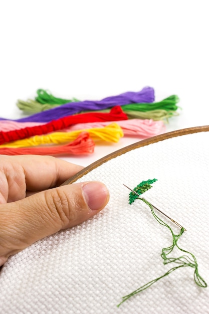Hands stitching an embroidered pattern